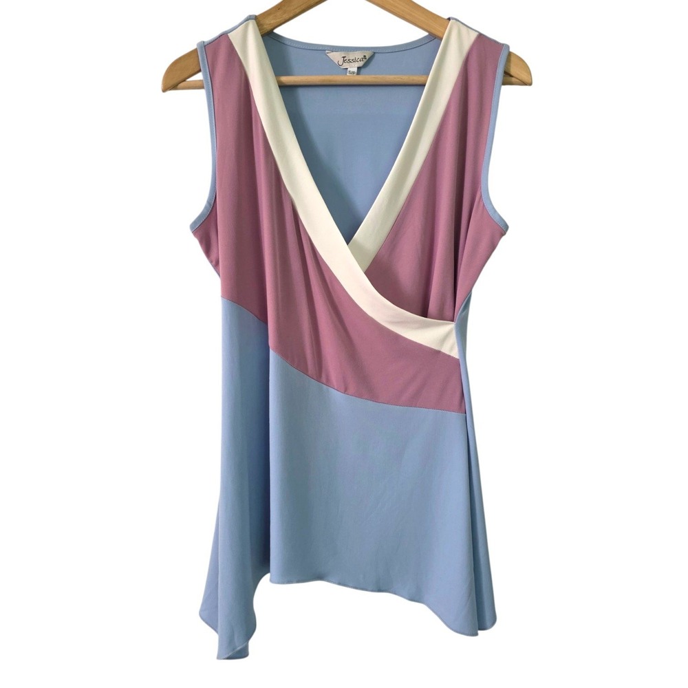 Y2K Jessica Powder Blue Mauve Stretch Top Sleeveless V-Neck Colourblock Tank S